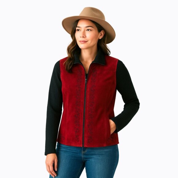 Coldwater Creek Jackets & Blazers - Burgundy Black Sweater Jacket Faux Suede Floral Embroidered Boho Western Sz M